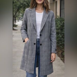 Joie Grey Plaid Tailored Coat Blazer Jacket Size M Glen Check Chic Midi Length